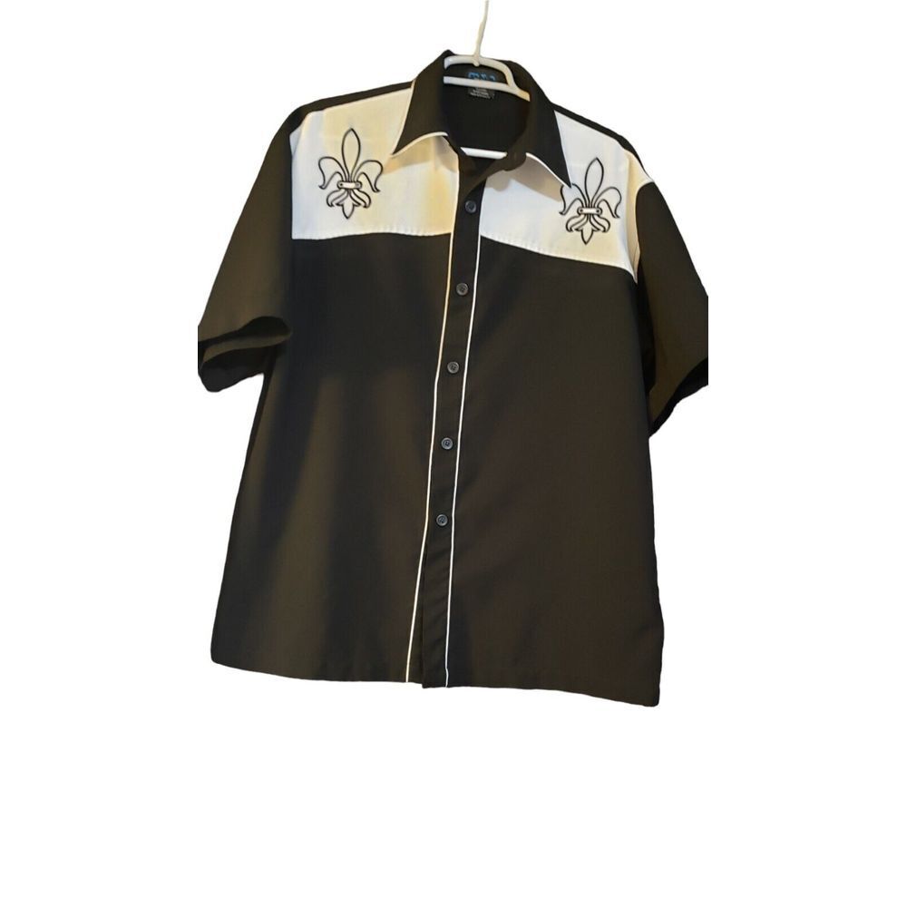 MT:2‎ Mens Black White Fleur De Lis Button Down 100% Polyester Size Large L - Picture 2 of 15